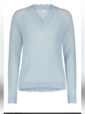 Minnie Rose Light Blue Light Weight Frayes Edges V-Neck Cashmere Sweater Size S